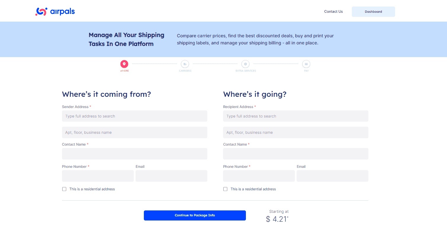 Screenshot of Airpals Multi-Carrier Landing Page