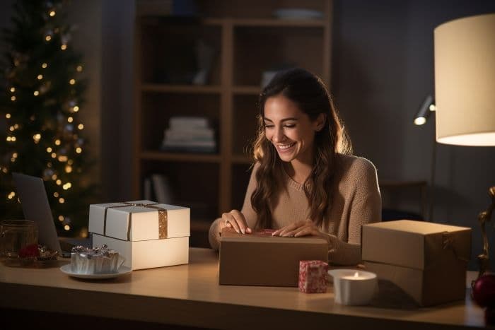 Joy of Online Shopping Excited Woman Unboxing an Ecommerce Package