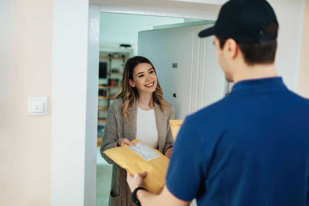 happy woman taking package from courier while receiving home delivery